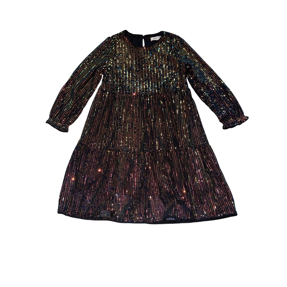 Grace Karin Girls‎ Sequin Tiered Dress Long Sleeve Black Multi Sparkle Size 7